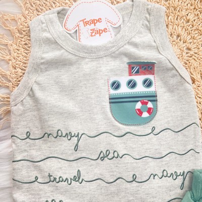 Conj. Regata Navio e Bermuda em Moletinho - Mescla e Verde